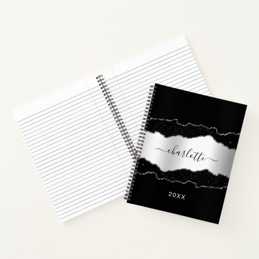 Carnet Argent noir marbre parties scintillant nom script (Intérieur)