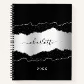 Carnet Argent noir marbre parties scintillant nom script (Devant)