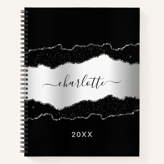Carnet Argent noir marbre parties scintillant nom script (Devant)