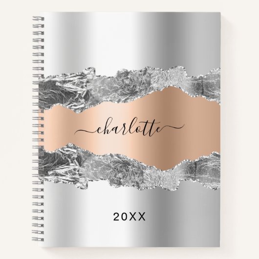 Carnet Argent rose or agate marbre nom script (Devant)