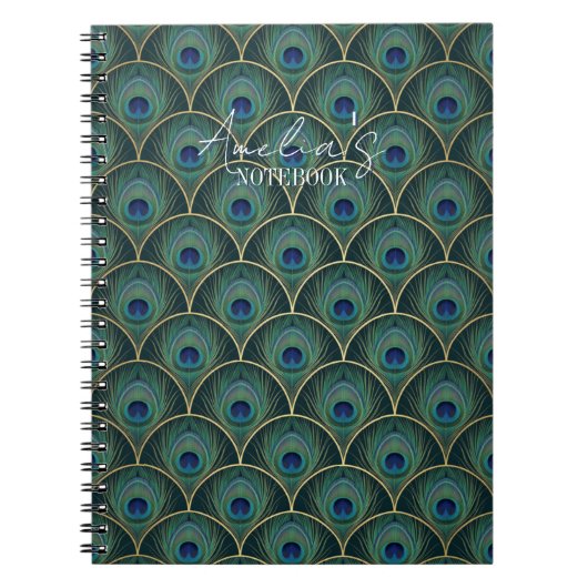 Carnet Art Deco Peacock Feather Pattern in Teal & Gold (Devant)