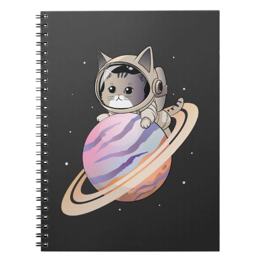 Carnet Astronaut de chat spatial avec planète Saturne (Devant)