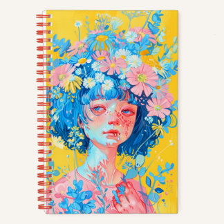 carnet avec une fille avec une couronne de fleurs 