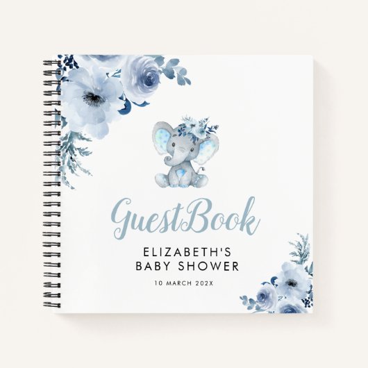 Carnet baby shower floral bleu petit éléphant (Devant)