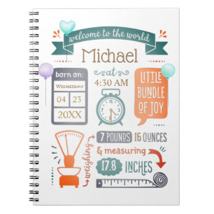 Carnet Baby Stats Faire-part de naissance Bleu Turquoise,