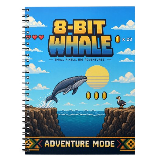 Carnet Baleine, Rétro Pixel Art 8-Bit (Devant)
