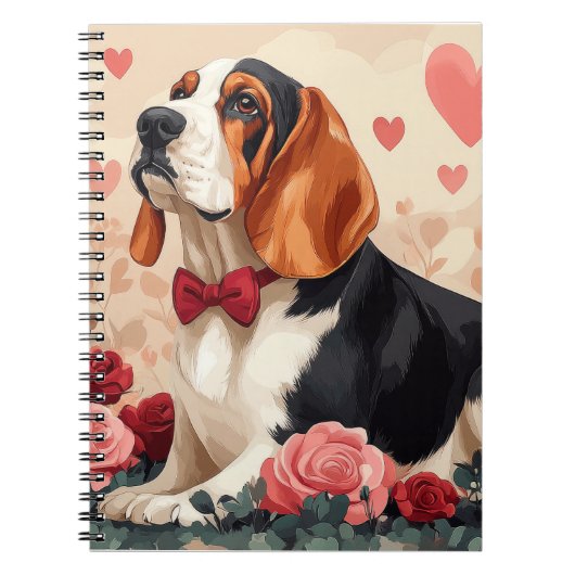 Carnet Basset Hound avec des Roses - Saint-Valentin (Devant)