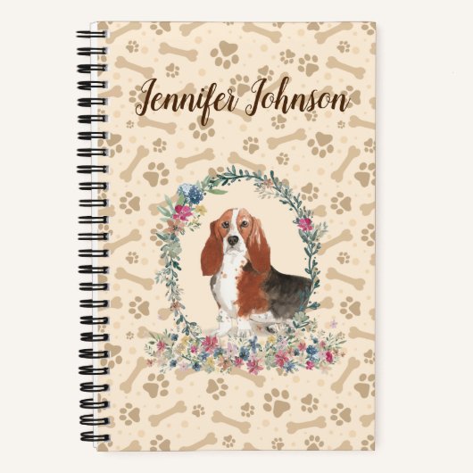 Carnet Basset Hound Chien Empreinte de patte & Floral Cut (Recto)
