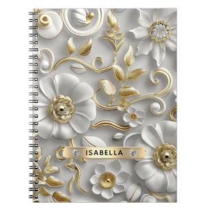 Carnet Beau Blanc Et Or 3D Floral Nom Personnalisé