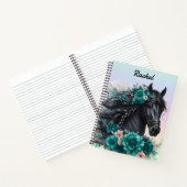 Carnet Beau cheval noir avec fleurs sarcelle (Intérieur)