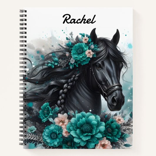 Carnet Beau Cheval Noir avec Fleurs Turquoises (Devant)