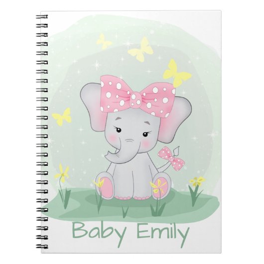 Carnet Beau éléphant avec un arc rose dans une clairière (Devant)