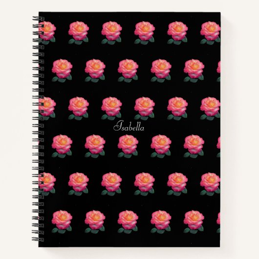 Carnet Beau Motif rose rose personnalisé sur noir (Devant)