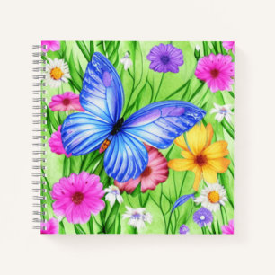 Carnet Beau Papillon Bleu avec fleurs Aquarelle