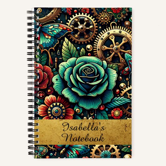 Carnet Beau Steampunk Gears à thème et Roses (Recto)
