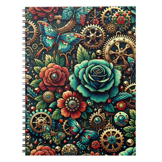 Carnet Beau Steampunk Gears à thème et Roses (Devant)