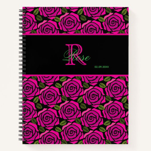 Carnet Beautiful Girly Hot Pink Roses Name Monogram  (Devant)