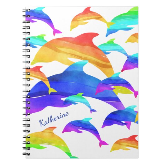 Carnet Beaux dauphins arc-en-ciel avec prénom (Devant)