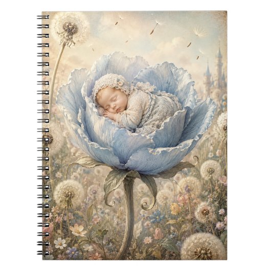 Carnet Bébé endormi dans une fleur bleue (Devant)