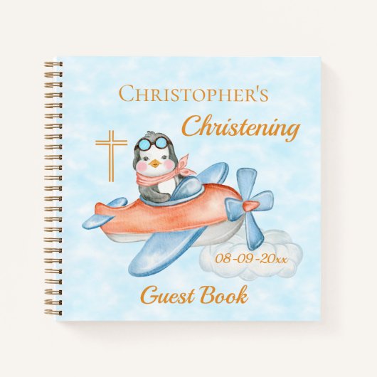 Carnet Bébé mignon Christening Penguin avion invité (Devant)
