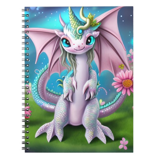 Carnet Bébé mignon et souriant Dragon aux fleurs (Devant)