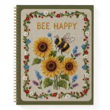 Bee Happy Embroidered Bumblebee &Sunflowers Floral