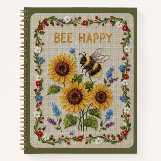 Carnet Bee Happy Embroidered Bumblebee &Sunflowers Floral (Devant)