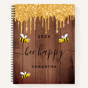 Carnet Bee joyeux bois brun or parties scintillant nom go
