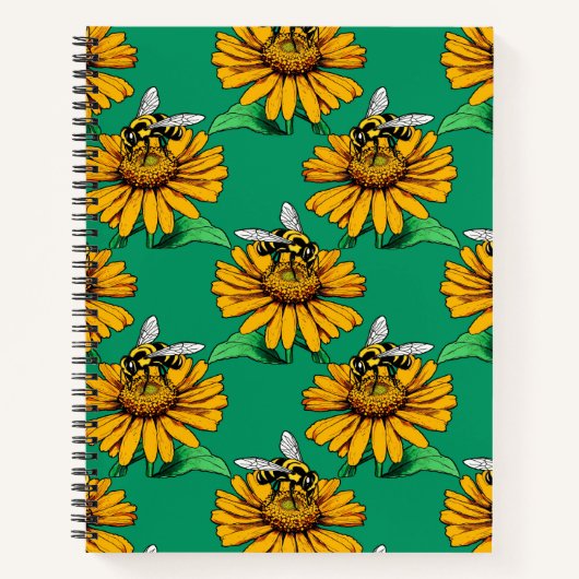 Carnet Bee on Sunflower Flower Pattern Design Green  (Devant)
