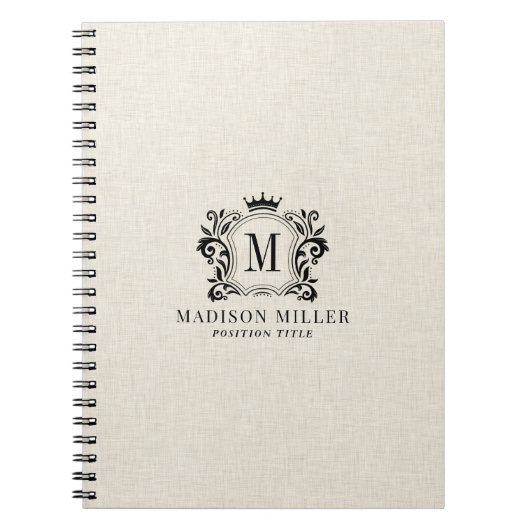 Carnet Beige Linen Black Royal Crest Crown Monogram (Devant)