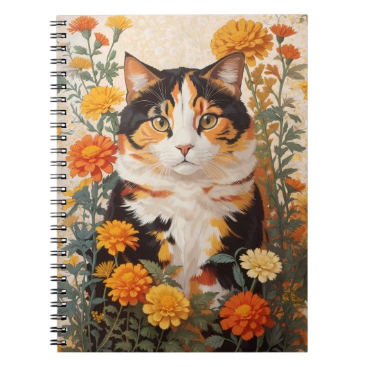 Carnet Belle Chat Calico Avec Fleurs Marigold (Devant)