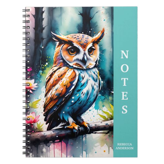 Carnet Belle chouette de style aquarelle éclaboussée (Devant)
