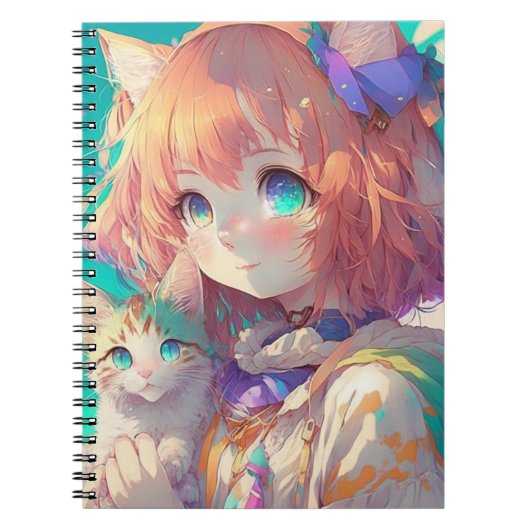 Carnet Belle Fille d'Anime avec un Chaton Mignon (Devant)