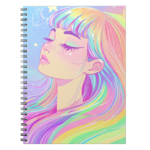 Carnet belle fille lumineuse avec cheveux arc-en-ciel de