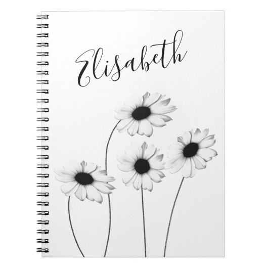 Carnet Belle marguerite de design noir et blanc avec nom (Devant)