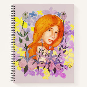 Carnet Belle rousse fille dans le jardin. Aquarelle