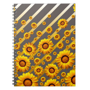 Carnet Belles fleurs jaunes sur gris, rayures dorées