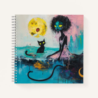 Carnet Black Cat Moon Ocean Rose Magique Witchy AI Art