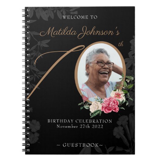 Carnet Black Gold 70th Birthday Floral Photo Guestbook (Devant)