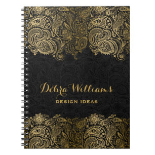 Carnet Black & Gold Vintage Floral Paisley dentelle