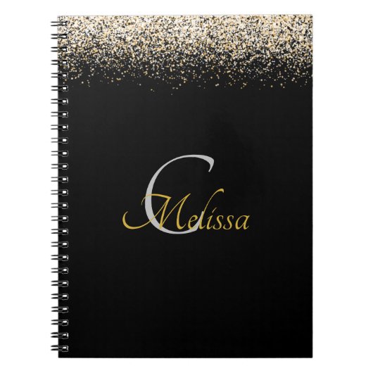 Carnet Black Rose Gold Faux Glitter Monogram Name (Devant)