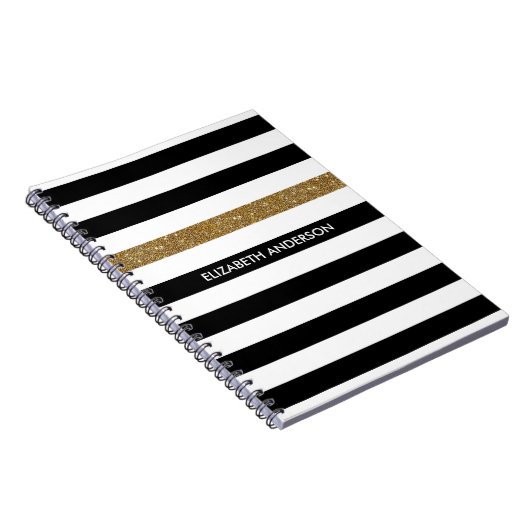 Carnet Black Stripes FAUX Gold Glitz et Nom (Côté Droit)
