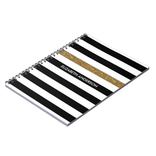 Carnet Black Stripes FAUX Gold Glitz et Nom (Côté gauche)