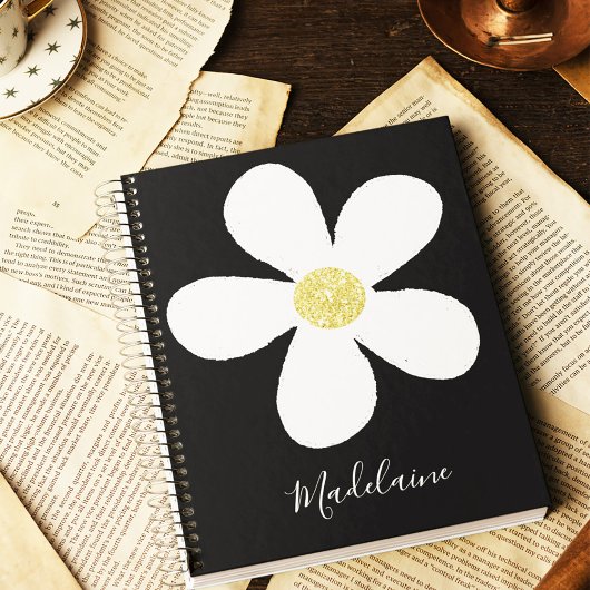 Carnet Black White Simple Daisy Gold Personal School