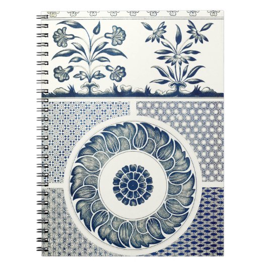 Carnet Blanc bleu Floral chinois rond (Devant)