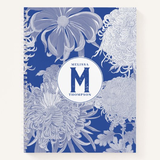 Carnet Blanc bleu Vintage Chinoiserie Floral Monogramme (Devant)