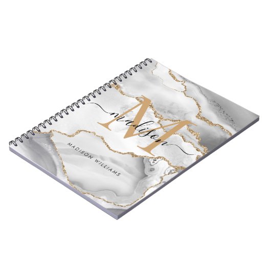 Carnet Blanc Chic Or Pailleté Agate Monogramme Nom Script (Côté gauche)