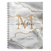 Carnet Blanc Chic Or Pailleté Agate Monogramme Nom Script (Devant)