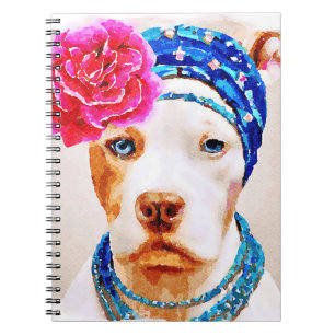 Carnet Blanc Pitbull Chien Rose Collier Fleur Notebo
