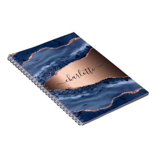 Carnet Bleu agate marbre rose or nom script (Côté Droit)
